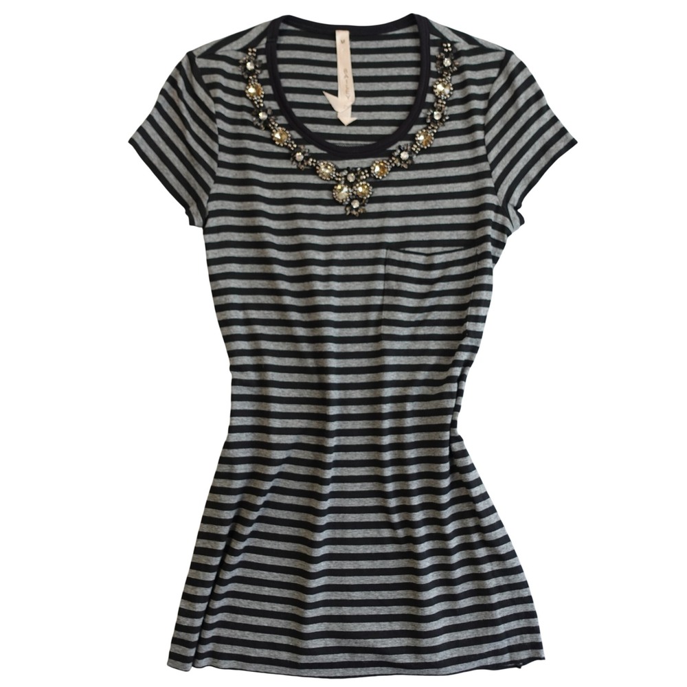 Vintage Y2K Top Womens M Black Grey Striped Bead Rhinestone Dark Academia Tee